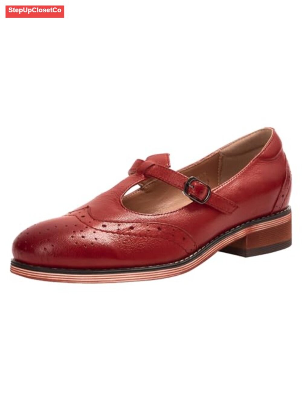 Sheepskin Leather Wingtip Mary Jane Flats T Strap